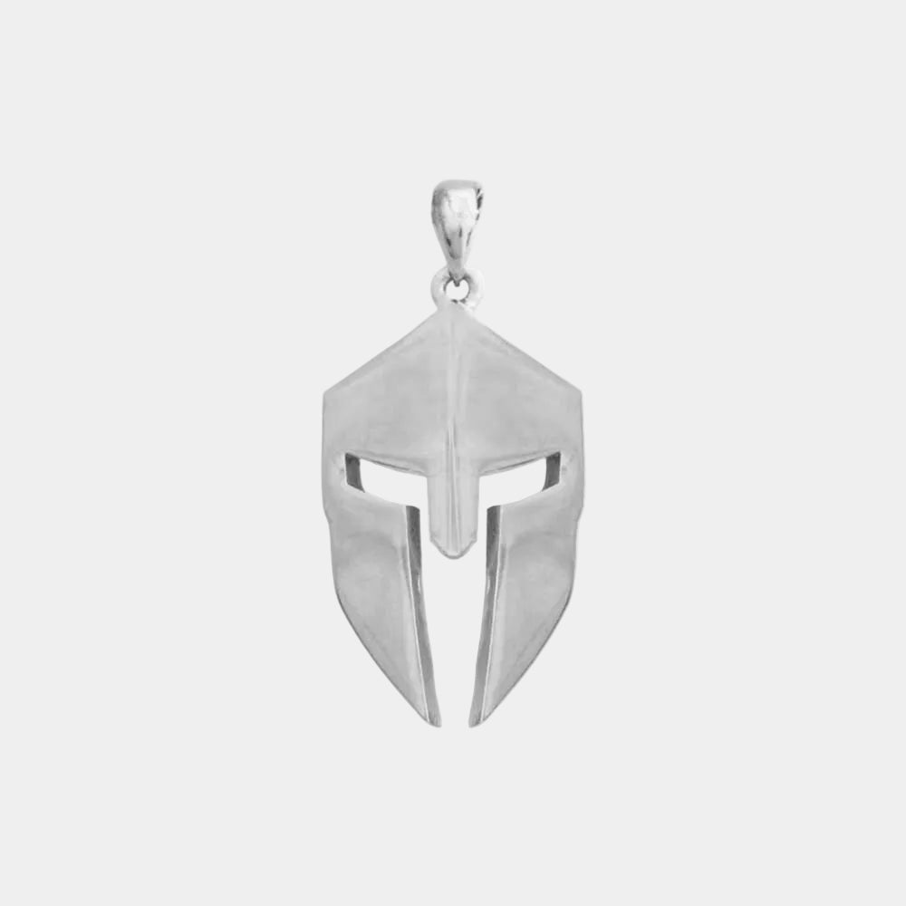 A silver necklace featuring a pendant in the shape of a Spartan helmet.